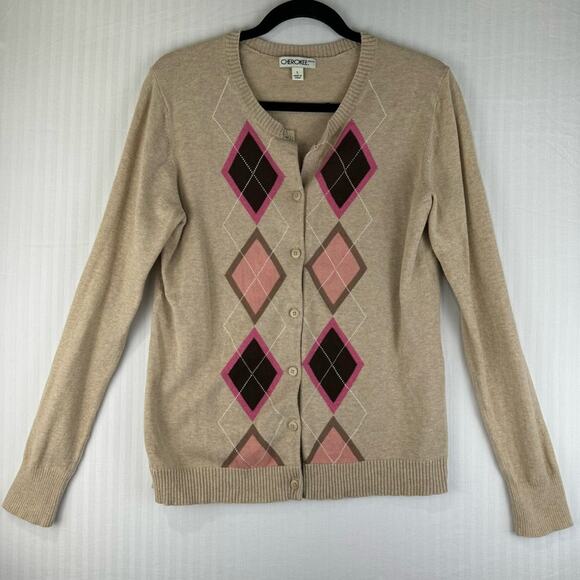 Cherokee Button Up Cardigan Tan Knit Sweater Women Size Large Pink Argyle Print - Picture 1 of 10